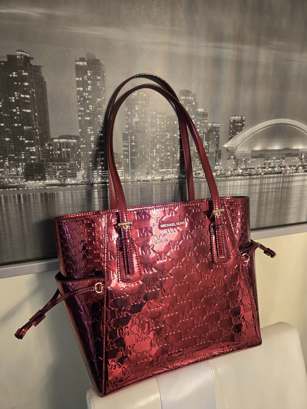 Michael Kors Metallic Pink-Red Embossed MK Tote NEW.